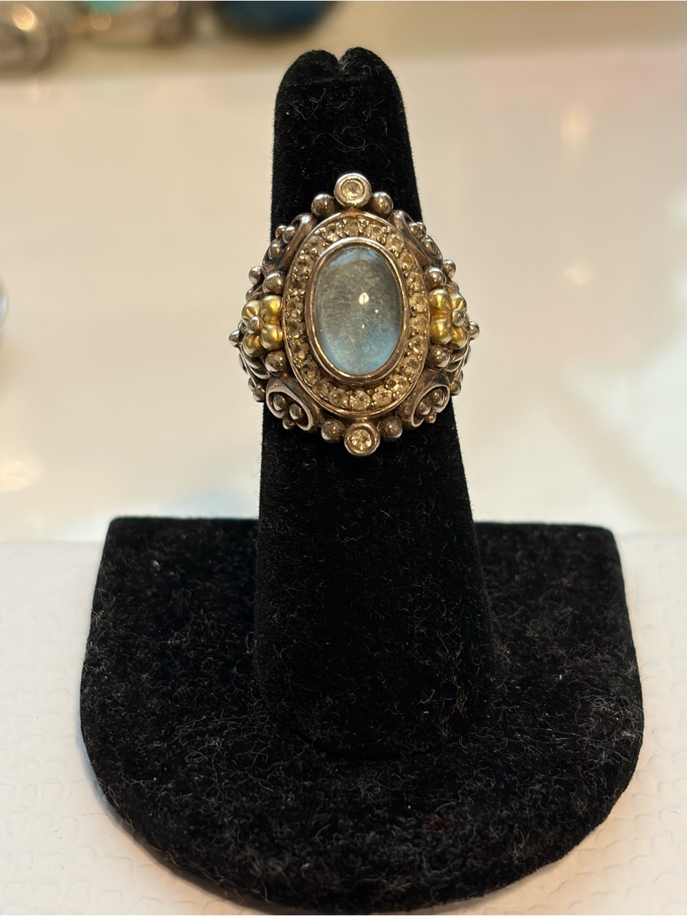 Barbara Bixby sterling and 18k yellow gold sky blue and white topaz ring.